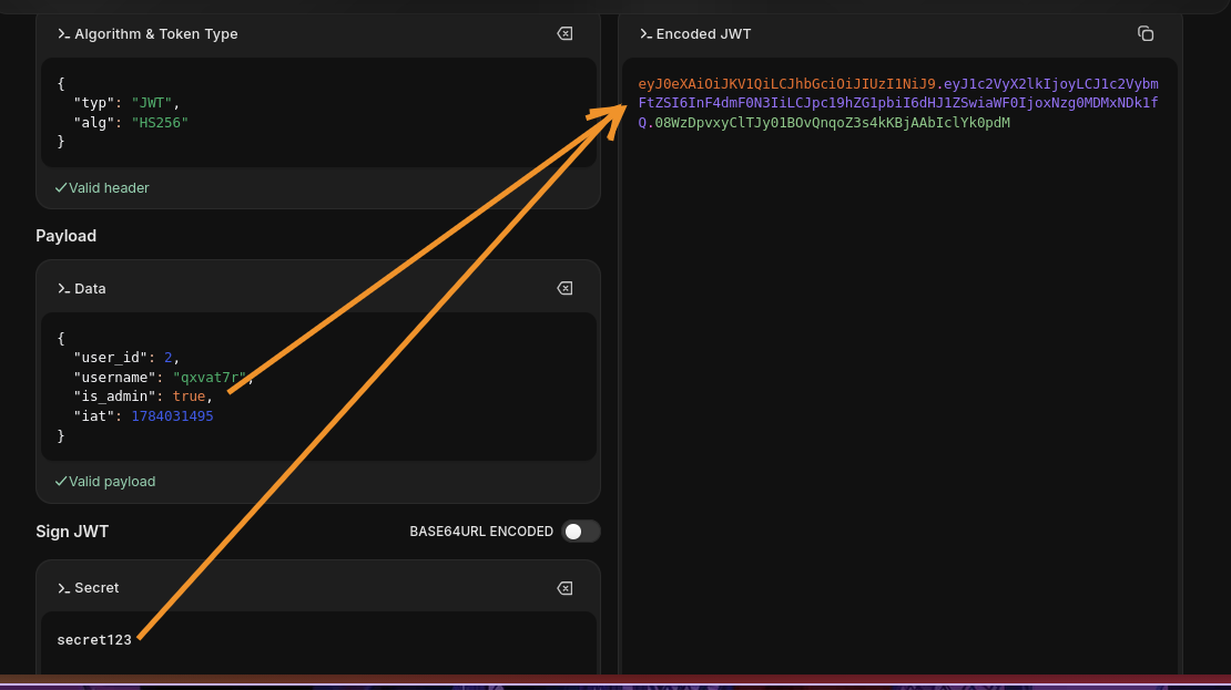Forging an admin token on jwt.io