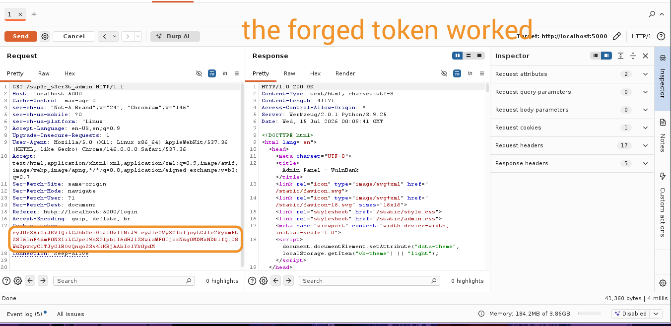 Admin access achieved with forged token