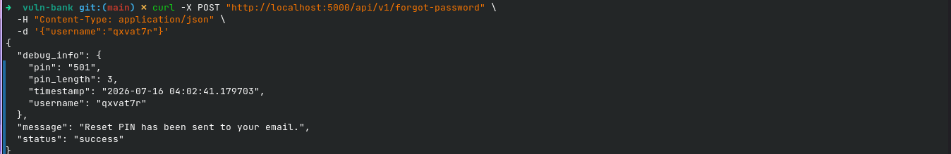 v1 API returning the reset PIN in the debug_info field