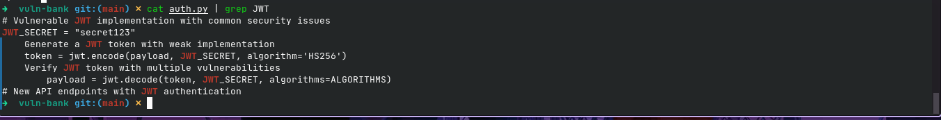 Hardcoded weak secret and none algorithm in source code