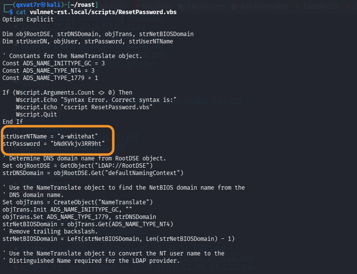 ResetPassword.vbs credentials